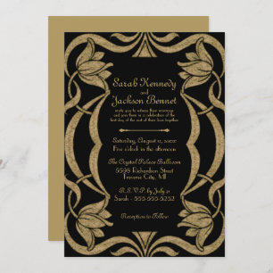Convites Ornamentado Art Nouveau Casamento Negro e Elegante