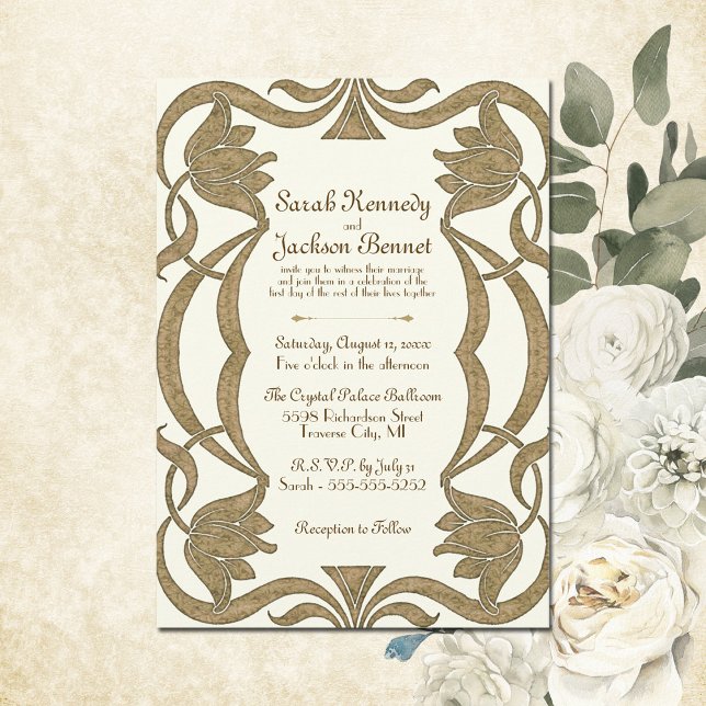 Convites Ornamentado Art Nouveau Ivory e Casamento Elegante (This elegant Art Nouveau wedding invite combines sinuous lines and stylized floral motifs.)