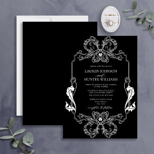 Convites Ornamentado Black Floral Art Monograma Casamento