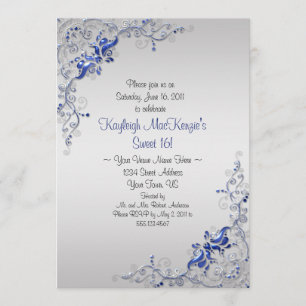 Convites Ornamentado Blue Silver Swirls no Silver Sweet 16