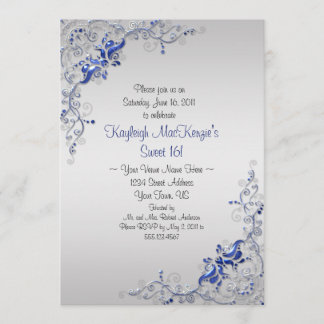 Convites Ornamentado Blue Silver Swirls no Silver Sweet 16