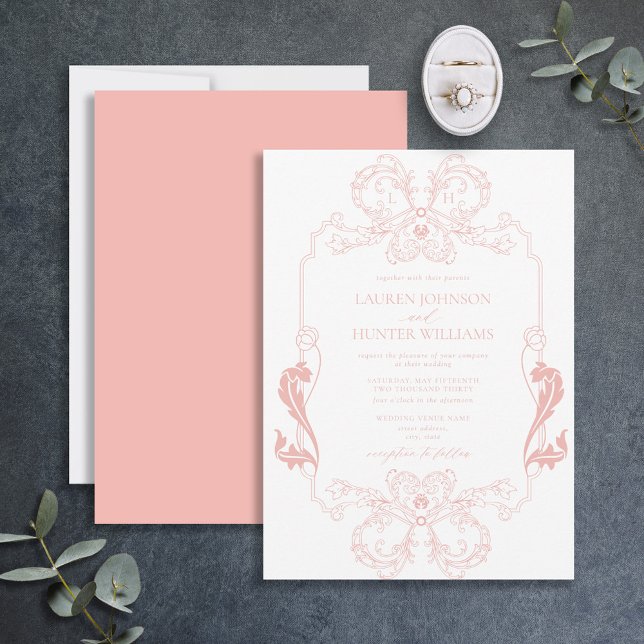 Convites Ornamentado Blush Pink Floral Line Art Monograma C (Criador carregado)