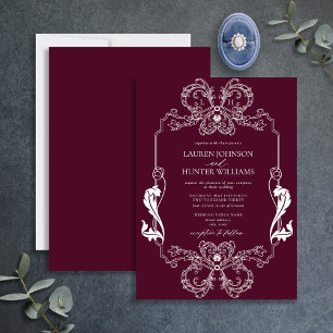 Convites Ornamentado Burgundy Floral Line Art Monograma Cas