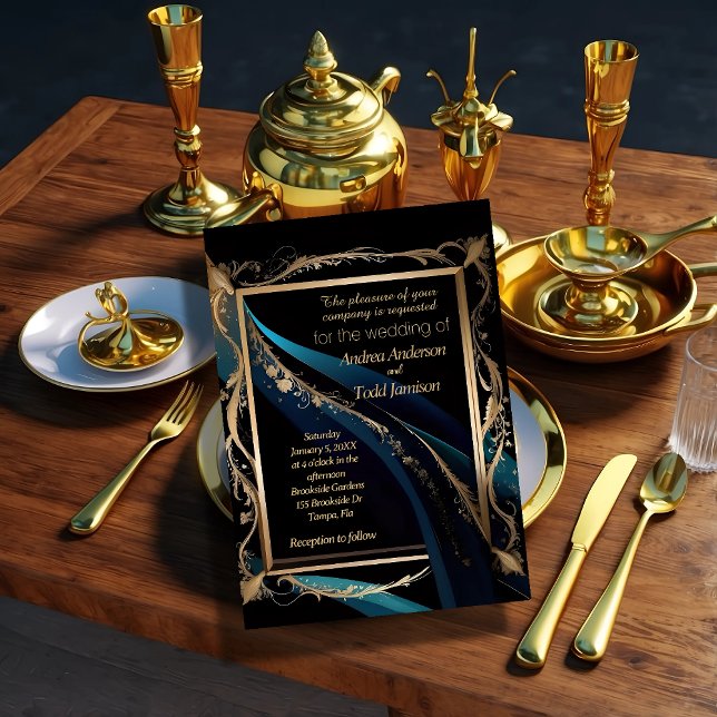Convites Ornamentado dourado armação azul preto (Criador carregado)