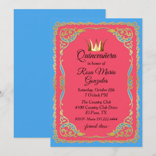 Convites Ornamentado Dourado Colorido com a Crown Quinceane