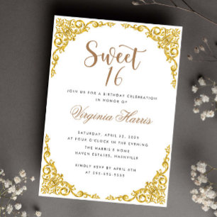 Convites Ornamentado Dourado de luxo White Sweet Dezesseis
