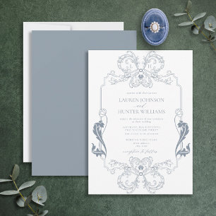 Convites Ornamentado Dusty Blue Floral Art Monograma Invita