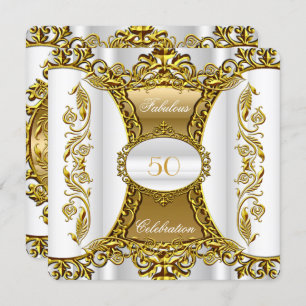 Convites Ornamentado Elegante Branco Dourado Fabuloso 50º A