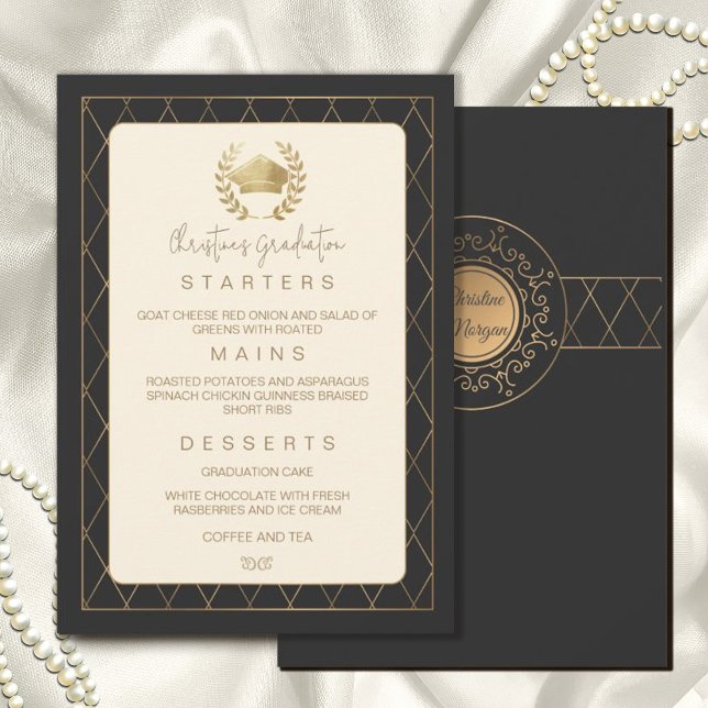 Convites Ornamentado Elegante Dourado Graduação de Janto Ro (#graduation #graduationdinner #gradparty #zazzleinvitation #classic #vintage #gold #cap #capgrad)