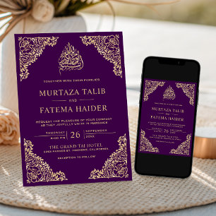 Convites Ornamentado Floral Casamento Islâmico Dourado Roxo