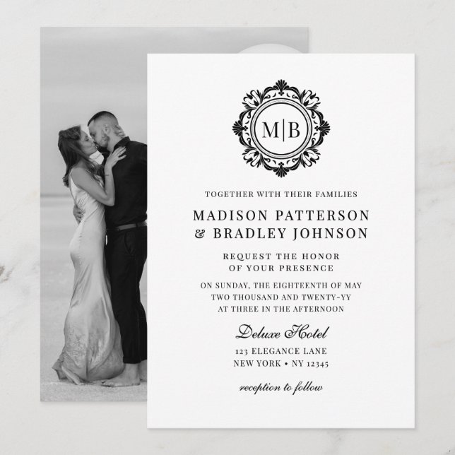 Convites Ornamentado Floral Monograma Casamento Elegante Pr (Frente/Verso)