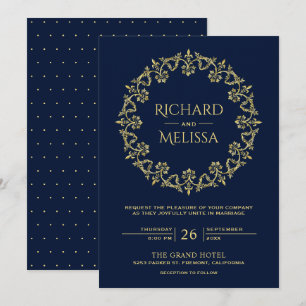 Convites Ornamentado Flourish Dourado Floral Blue Casamento