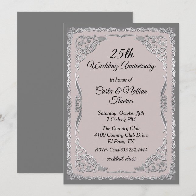 Convites Ornamentado Prata e aniversário de casamento azul (Frente/Verso)