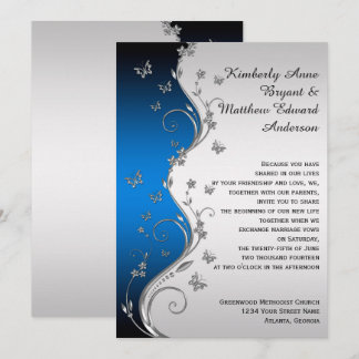 Convites Ornamentado Prateado Azul Borboletas Kristin