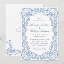 Convites Ornamentado Renascentista Casamento Azul Dusty
