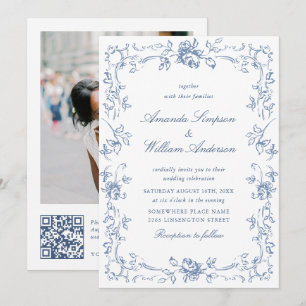 Convites Ornamentado Renascentista Casamento Azul Dusty