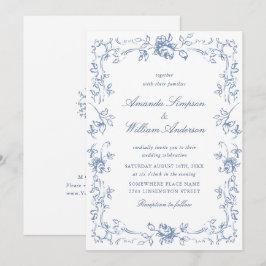 Convites Ornamentado Renascentista Casamento Azul Dusty