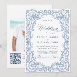 Convites Ornamentado Renascentista Casamento Azul Dusty
