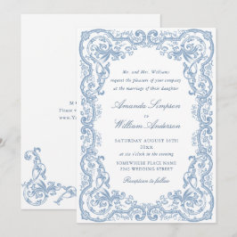 Convites Ornamentado Renascentista Casamento Azul Dusty
