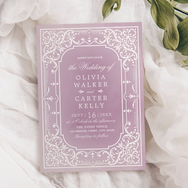 Convites Ornamentado romântico Mauve elegante (Mauve elegant ornate romantic vintage wedding invitation)