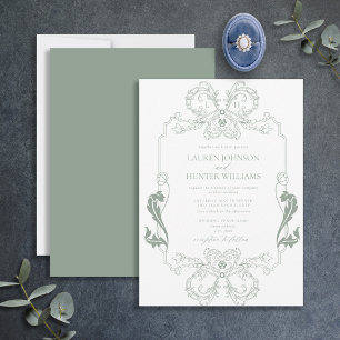 Convites Ornamentado Sage Green Floral Line Art Monogramas 