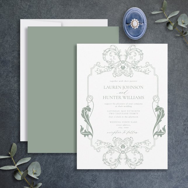 Convites Ornamentado Sage Green Floral Line Art Monogramas  (Criador carregado)