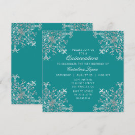 Convites Ornamentado Teal Silver Floral de Elegante Quincea