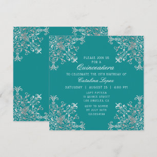 Convites Ornamentado Teal Silver Floral de Elegante Quincea