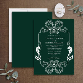 Convites Ornamentado Verde Linha Floral Arte Monograma Casa