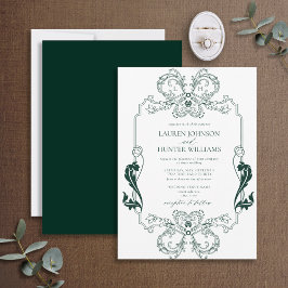 Convites Ornamentado Verde Linha Floral Arte Monograma Casa