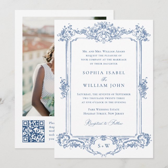 Convites Ornamentado Vitoriano Azul Grace Casamento Floral  (Frente/Verso)