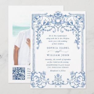 Convites Ornamentado Vitoriano Azul Grace Floral Boho Casam