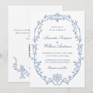 Convites Ornamentado vitoriano Floral Dusty Blue Código QR