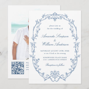 Convites Ornamentado vitoriano Floral Dusty Blue Código QR 