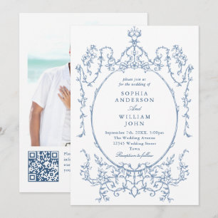 Convites Ornamentado vitoriano Floral Dusty Blue Código QR 