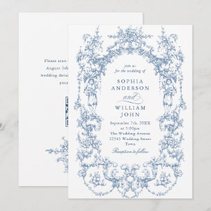 Convites Ornamentado vitoriano Floral Dusty Blue Código QR 