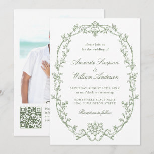 Convites Ornamentado vitoriano Floral Sage Green Código QR
