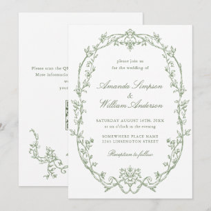 Convites Ornamentado vitoriano Floral Sage Green Código QR