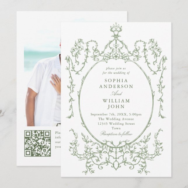 Convites Ornamentado vitoriano Floral Sage Green Código QR  (Frente/Verso)