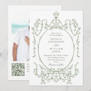 Convites Ornamentado vitoriano Floral Sage Green Código QR 