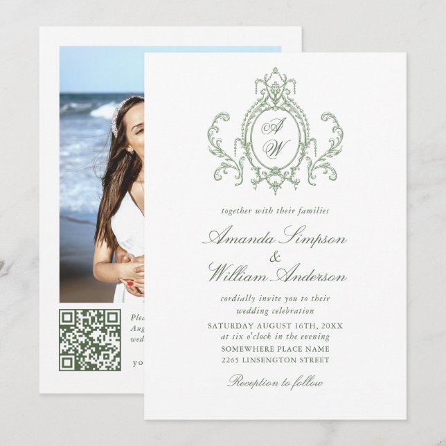 Convites Ornamentado vitoriano Floral Sage Green Wedding Có (Frente/Verso)