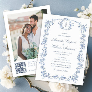 Convites Ornamentado vitoriano Grace Blue Floral Wedch códi