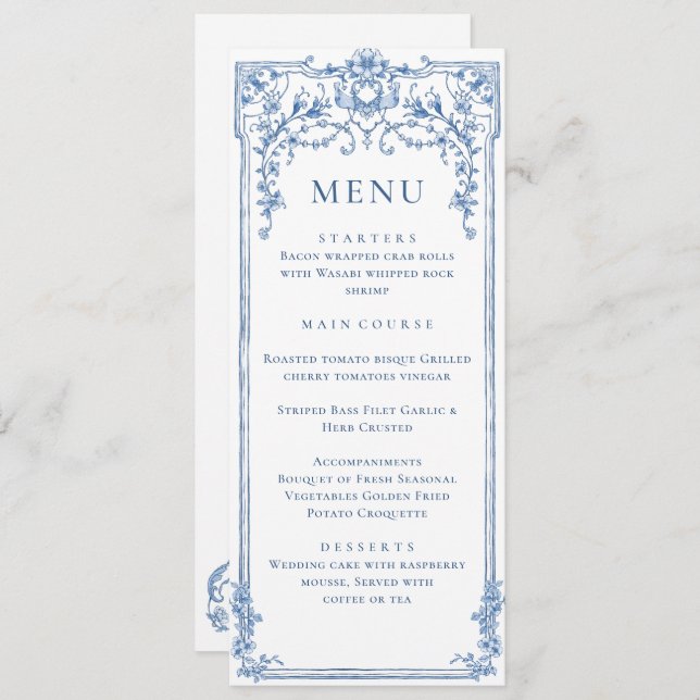 Convites Ornamentado vitoriano Grace Floral Blue WedMenu (Frente/Verso)