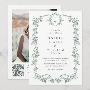 Convites Ornamentado vitoriano Grace Green Photo code QR Ca