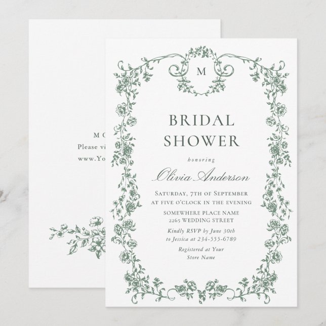 Convites Ornamentado Vitoriano Grace Sage CHÁ DE PANELA Ver (Frente/Verso)