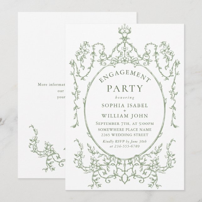 Convites Ornamentado Vitoriano Grace Sage FESTA DE NOIVADO  (Frente/Verso)