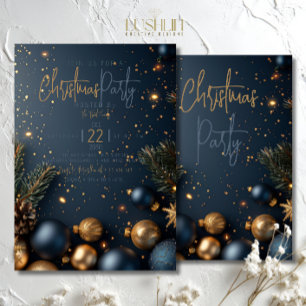 Convites Ornamento Azul Dourado com Natal feriado verde