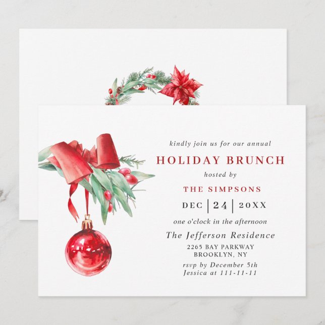 Convites Ornamento de Aquarela NATAL HOLIDAY BRUNCH (Frente/Verso)