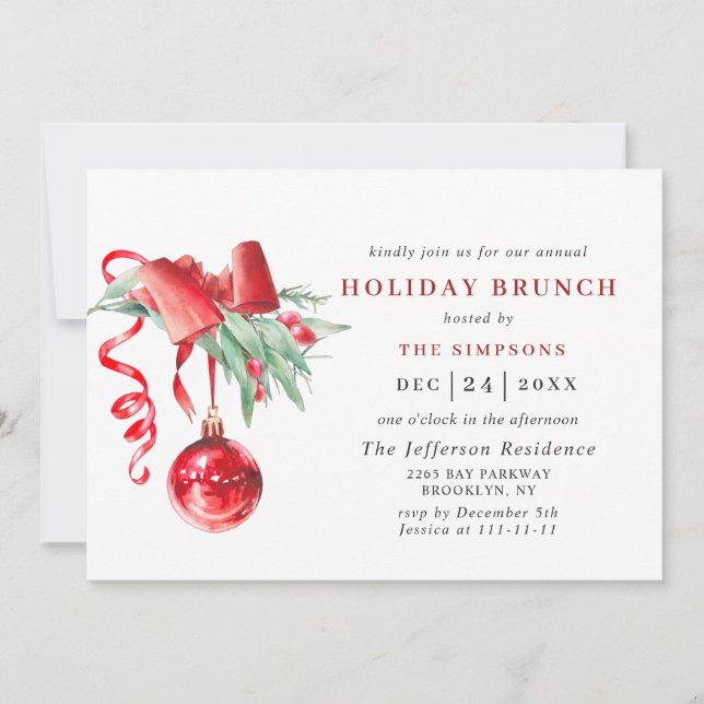 Convites Ornamento de Aquarela NATAL HOLIDAY BRUNCH (Frente)