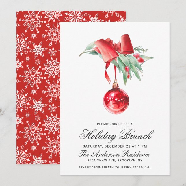 Convites Ornamento de Aquarela NATAL HOLIDAY BRUNCH (Frente/Verso)
